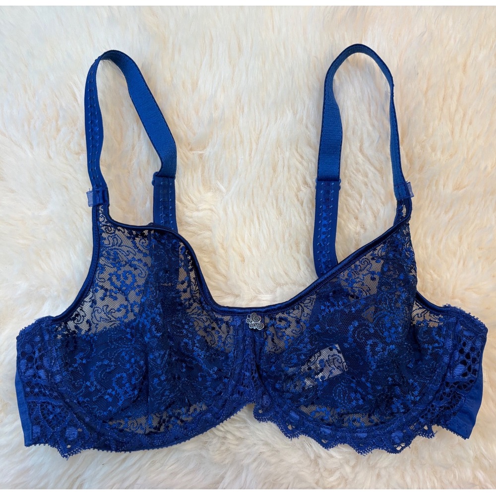 Empreinte Melody Seamless Underwire Bra 32D Royal Blue Floral Lace 0786
